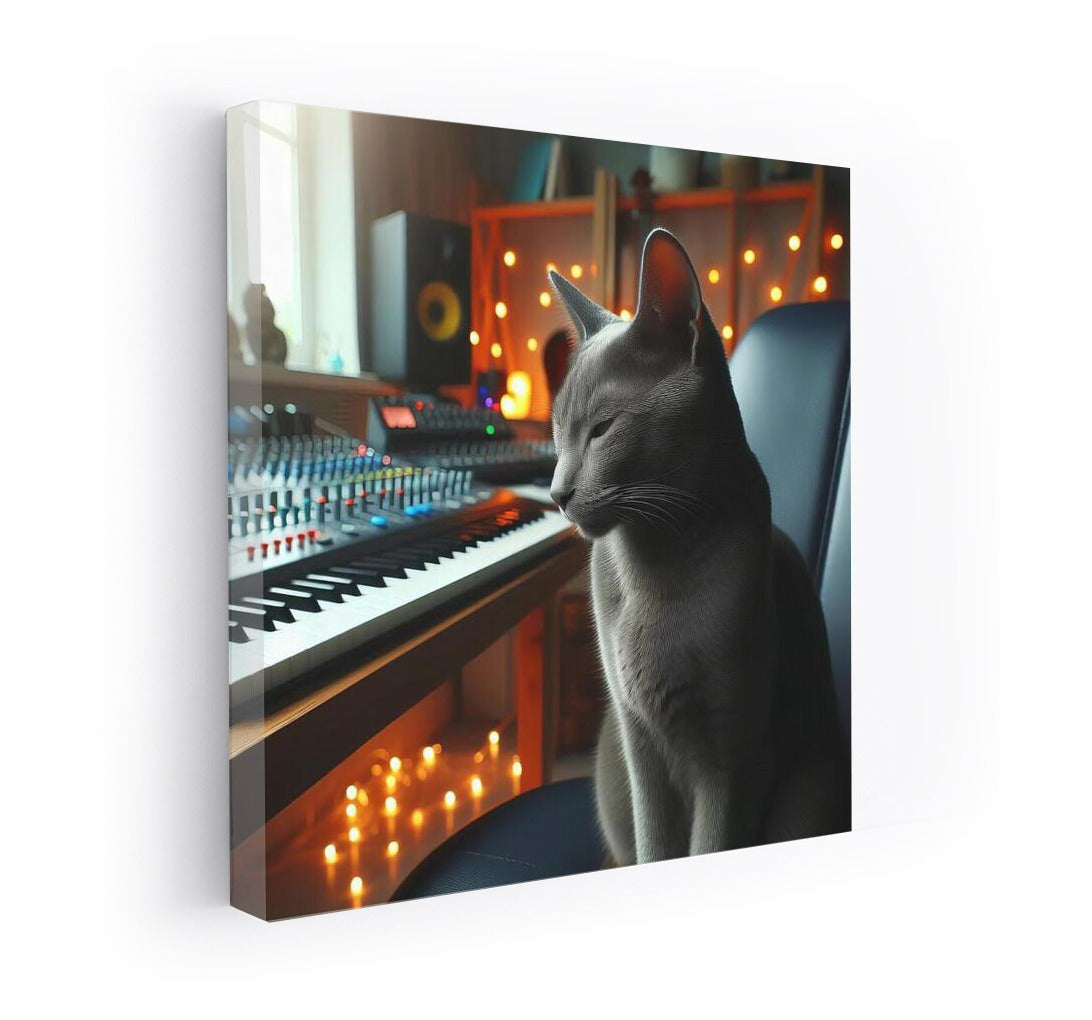 Russian Blue Cat in Music Studio: Harmony and Comfort