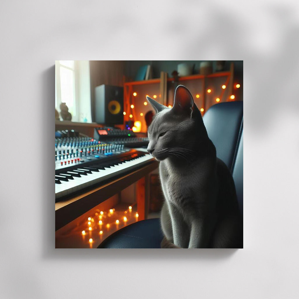 Russian Blue Cat in Music Studio: Harmony and Comfort