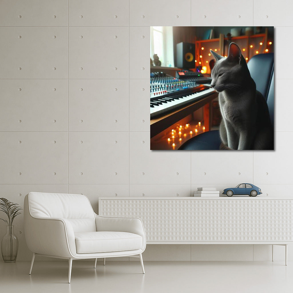 Russian Blue Cat in Music Studio: Harmony and Comfort