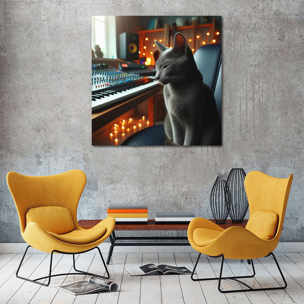 Russian Blue Cat in Music Studio: Harmony and Comfort
