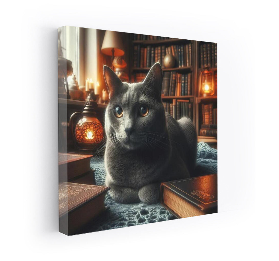 Russian Blue in a Cozy Library: A Cat Oasis Among Books