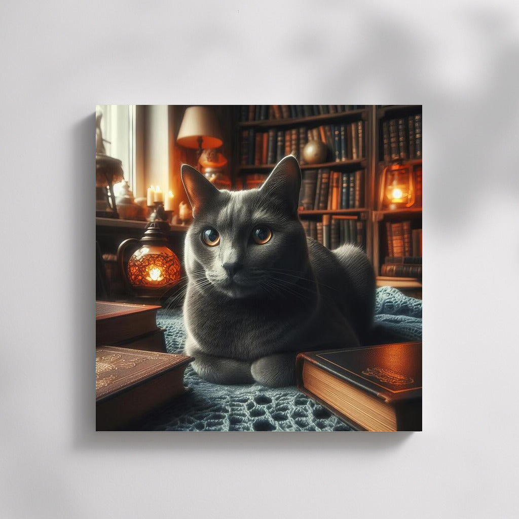 Russian Blue in a Cozy Library: A Cat Oasis Among Books