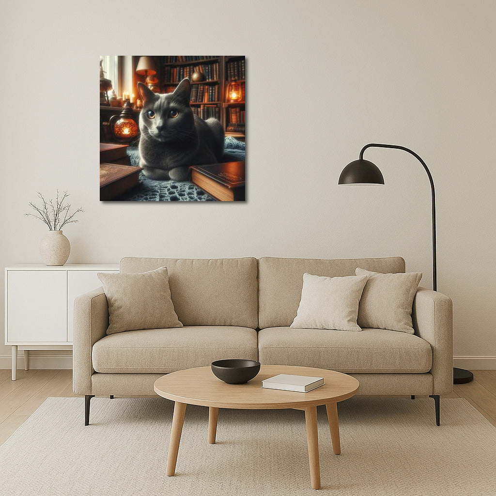 Russian Blue in a Cozy Library: A Cat Oasis Among Books