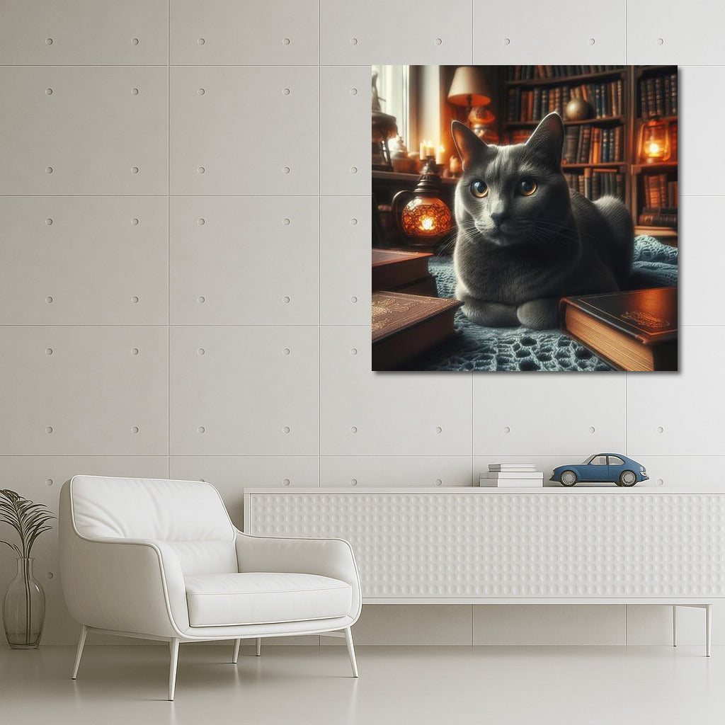 Russian Blue in a Cozy Library: A Cat Oasis Among Books