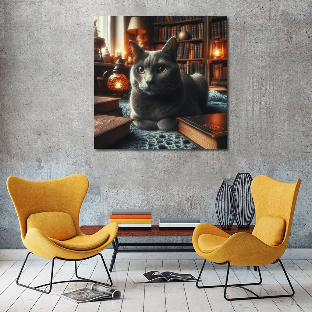 Russian Blue in a Cozy Library: A Cat Oasis Among Books