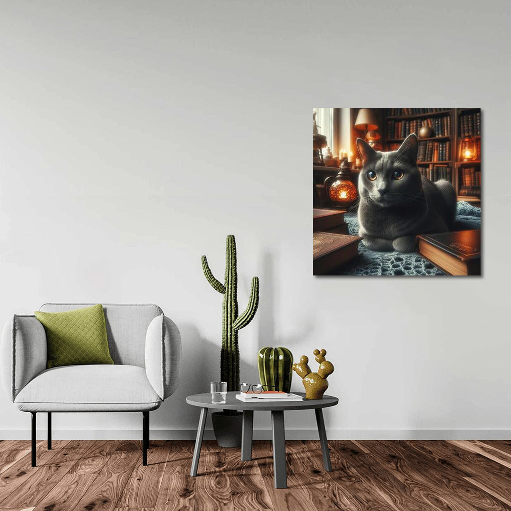 Russian Blue in a Cozy Library: A Cat Oasis Among Books