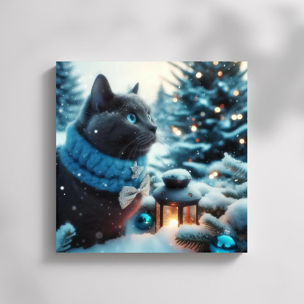 Russian Blue Cat in the Winter Wonder Forest