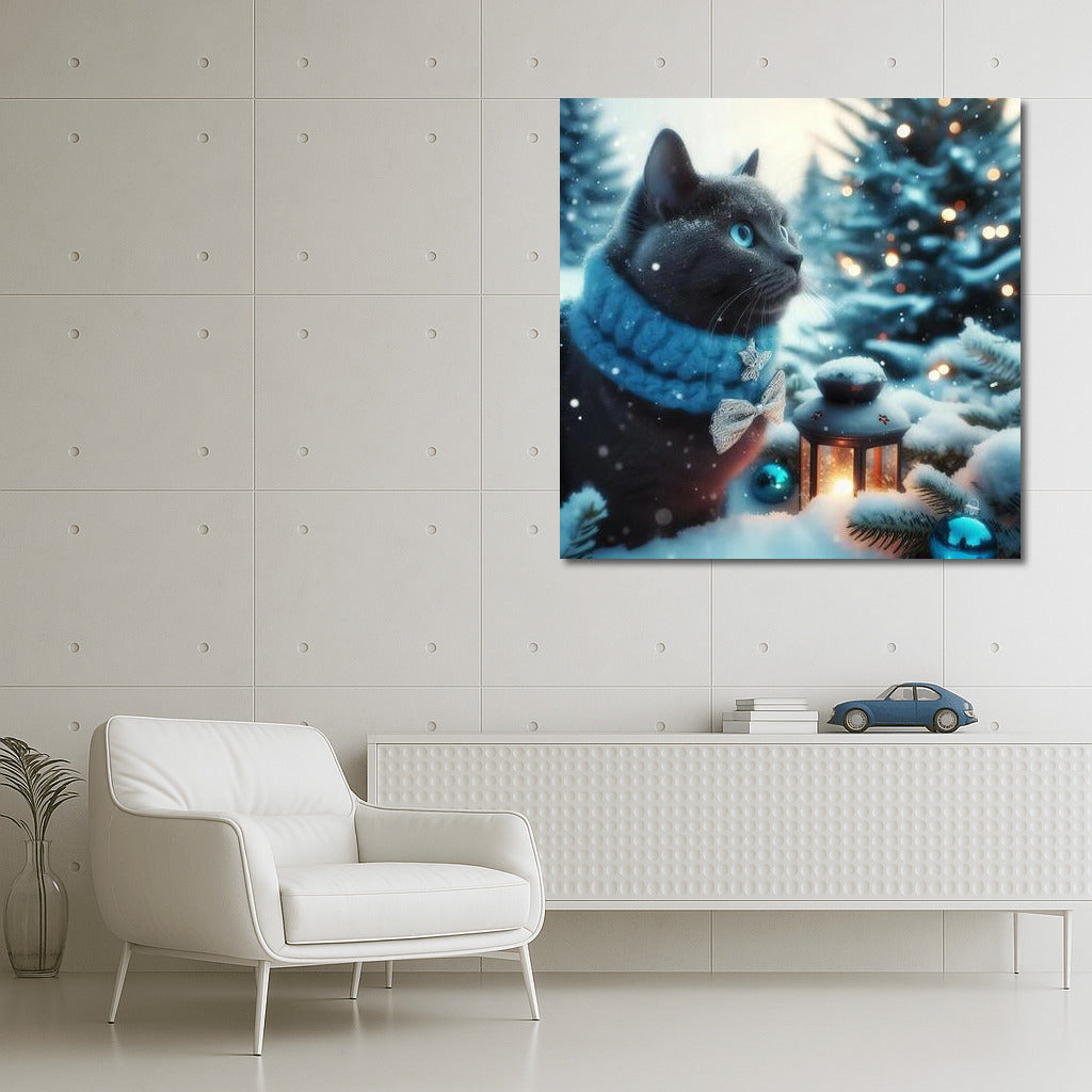 Russian Blue Cat in the Winter Wonder Forest