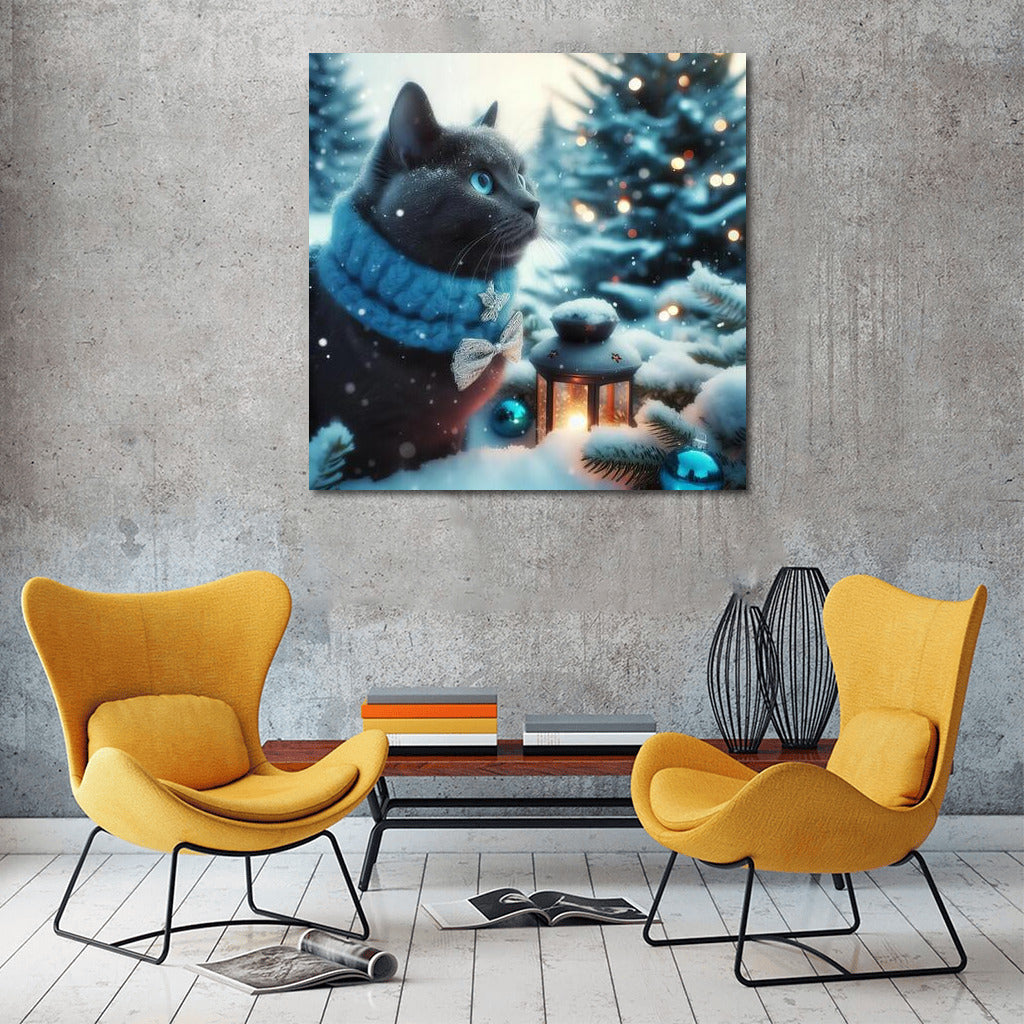 Russian Blue Cat in the Winter Wonder Forest