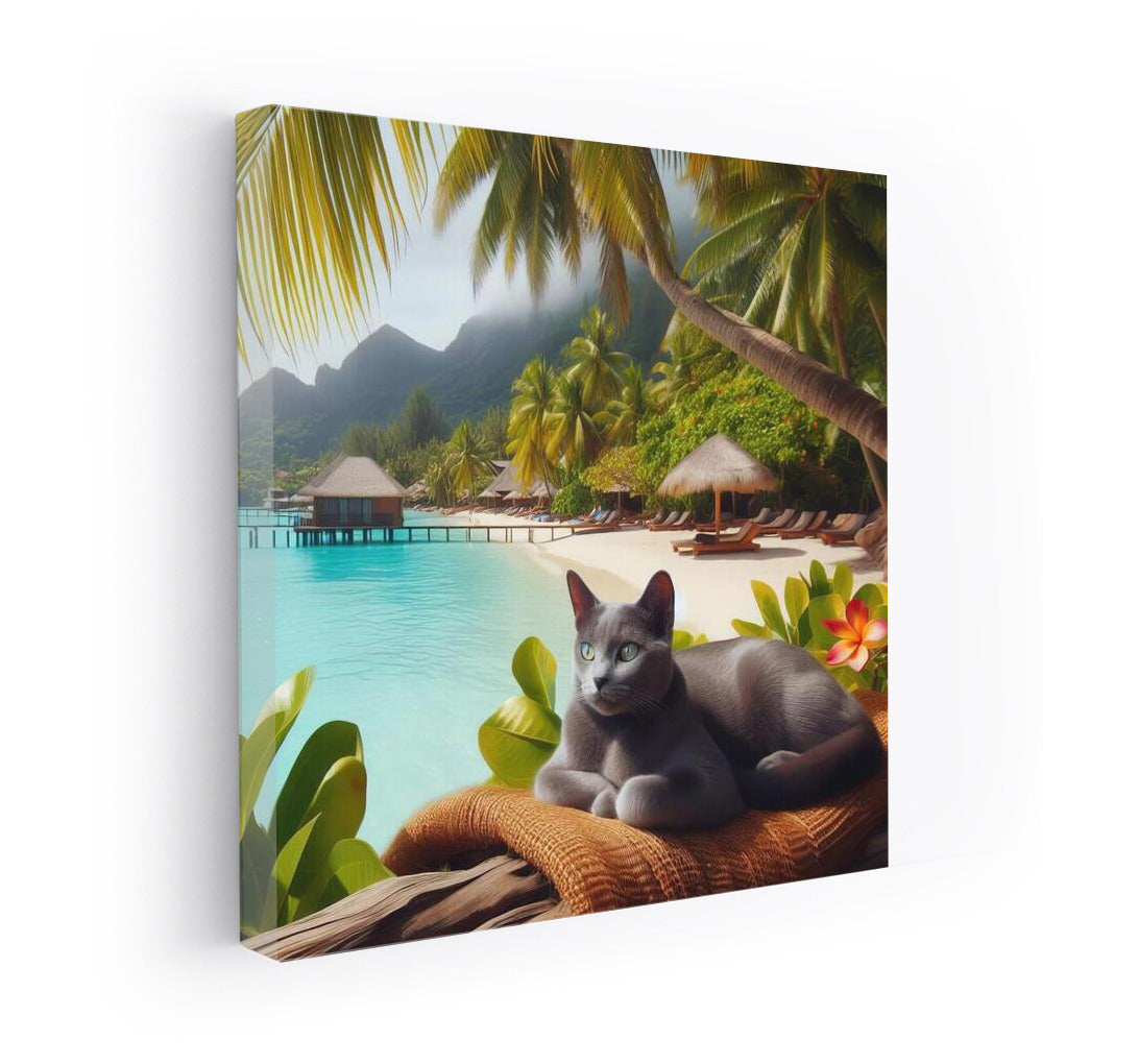Russian Blue in Tropical Paradise: Feline Grace on a Bright Background