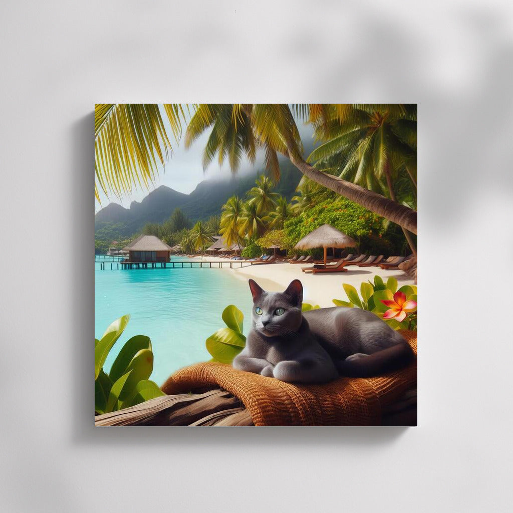 Russian Blue in Tropical Paradise: Feline Grace on a Bright Background