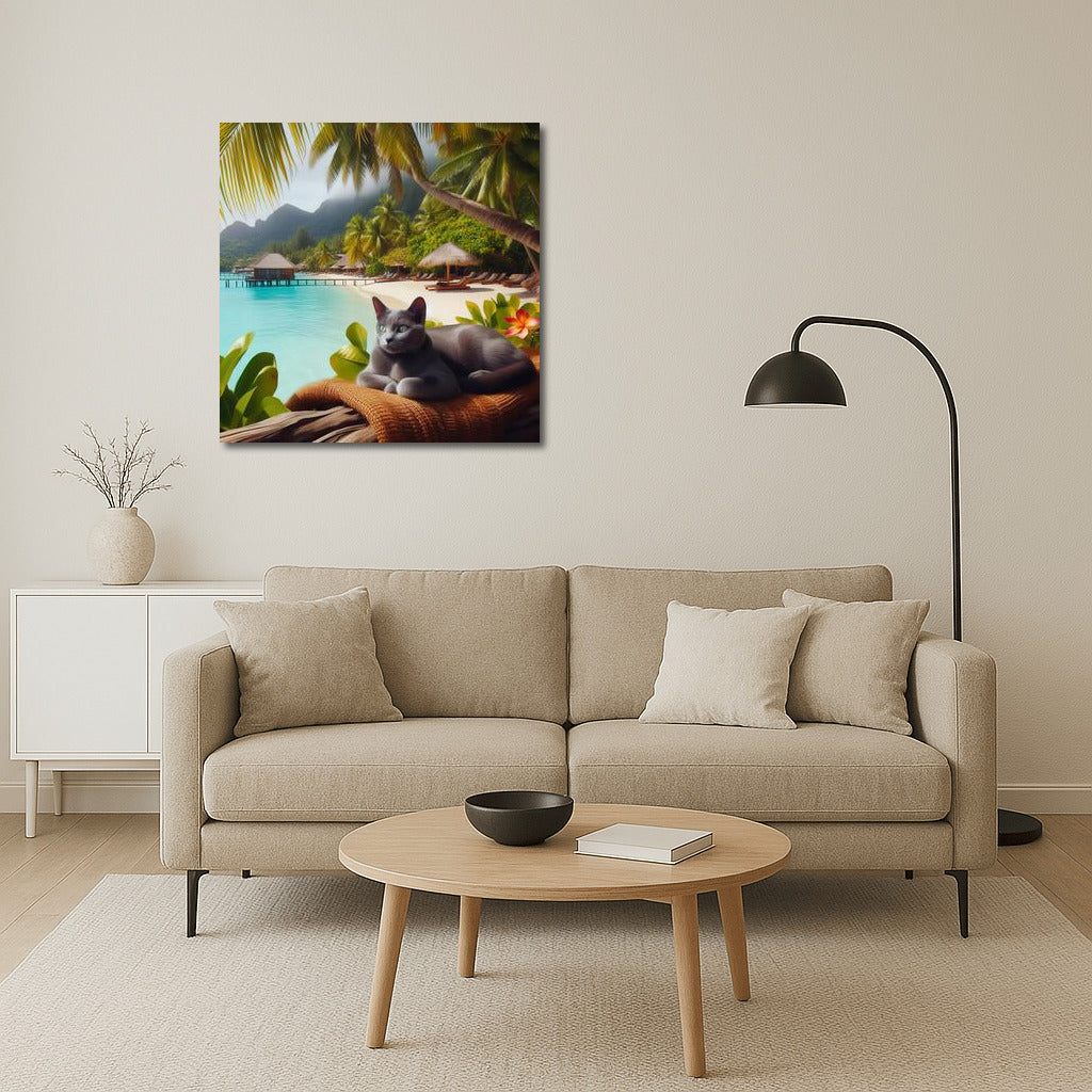 Russian Blue in Tropical Paradise: Feline Grace on a Bright Background