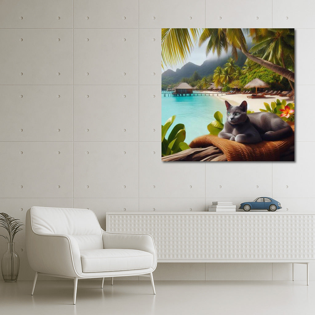 Russian Blue in Tropical Paradise: Feline Grace on a Bright Background