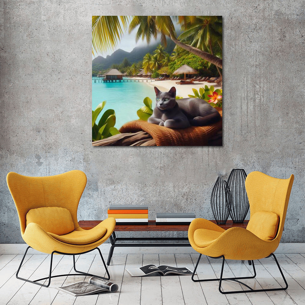 Russian Blue in Tropical Paradise: Feline Grace on a Bright Background