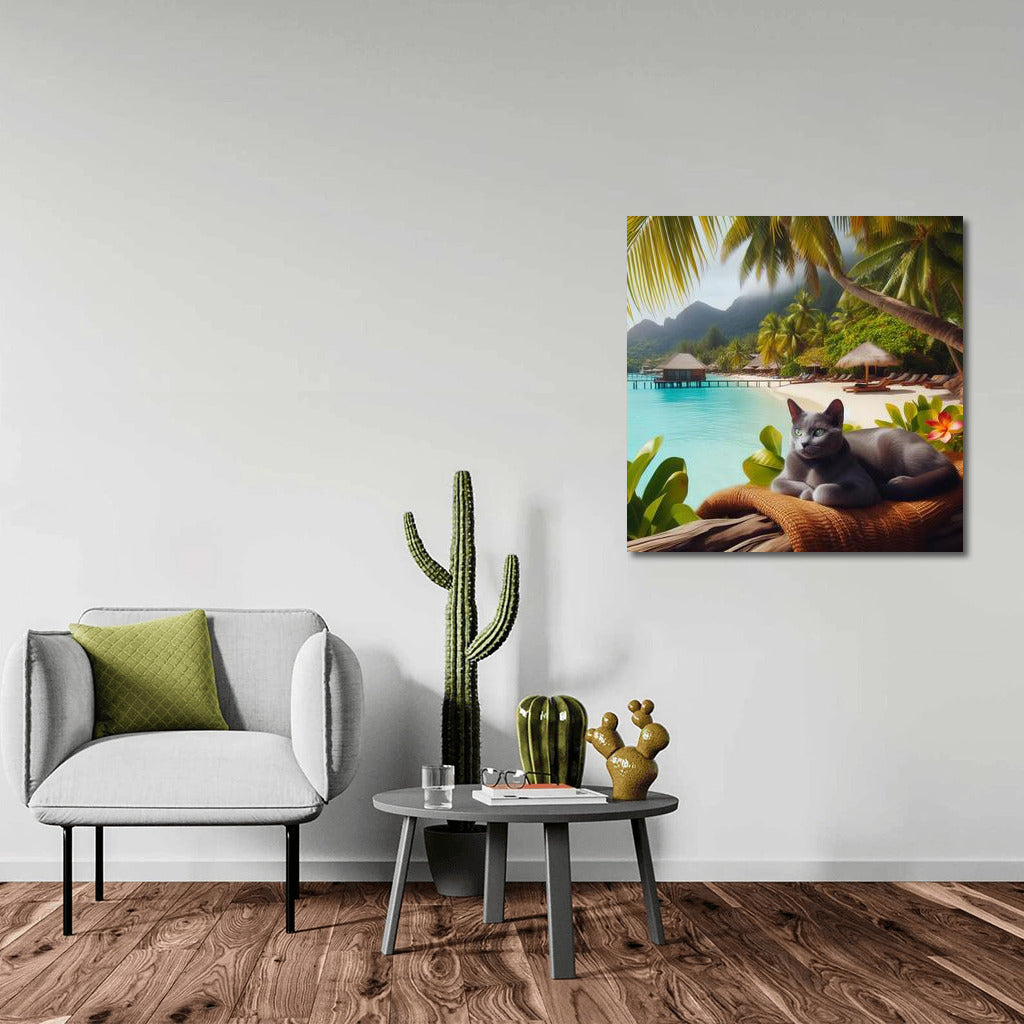 Russian Blue in Tropical Paradise: Feline Grace on a Bright Background