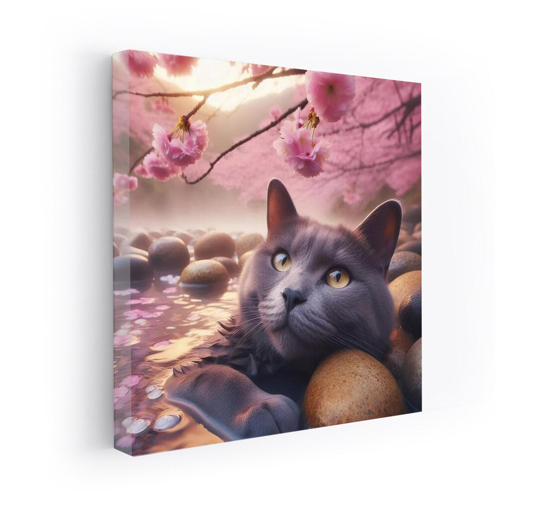 Russian Blue: Cat in Japanese Sakura Oasis