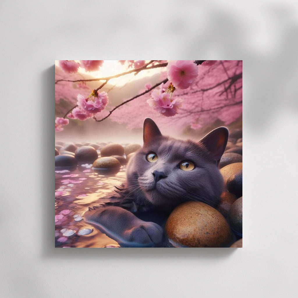 Russian Blue: Cat in Japanese Sakura Oasis