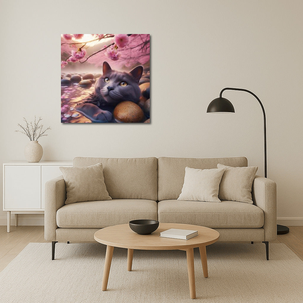 Russian Blue: Cat in Japanese Sakura Oasis
