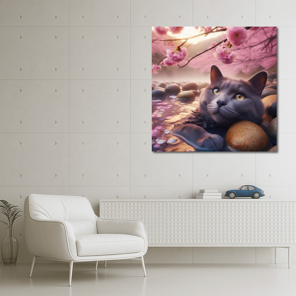 Russian Blue: Cat in Japanese Sakura Oasis