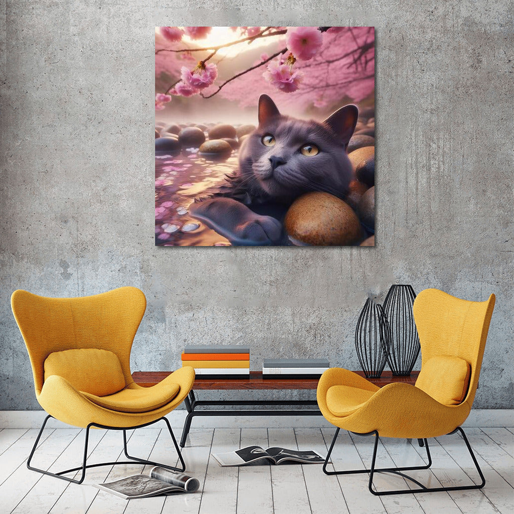 Russian Blue: Cat in Japanese Sakura Oasis