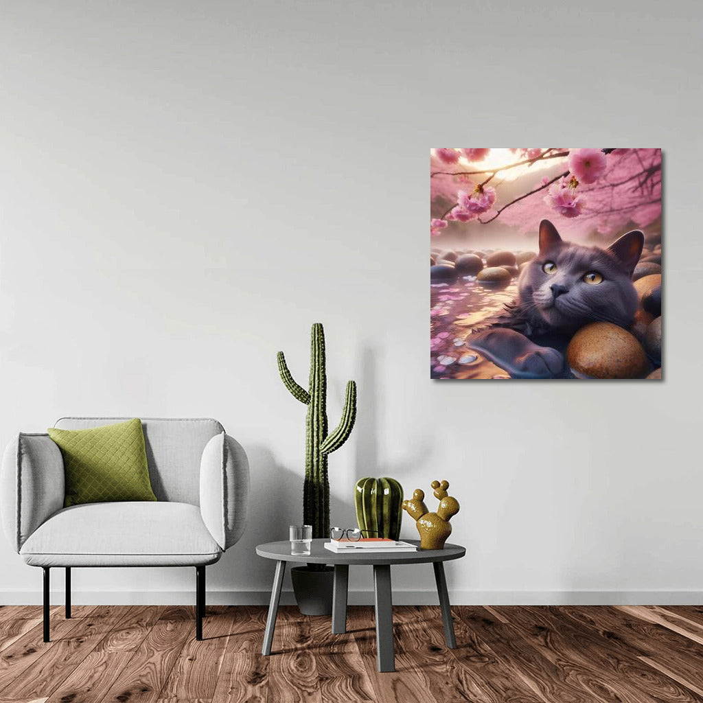 Russian Blue: Cat in Japanese Sakura Oasis