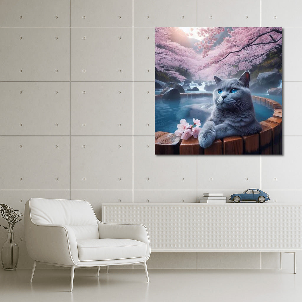 Russian Blue Cat in Japanese Hot Spring among Cherry Blossoms