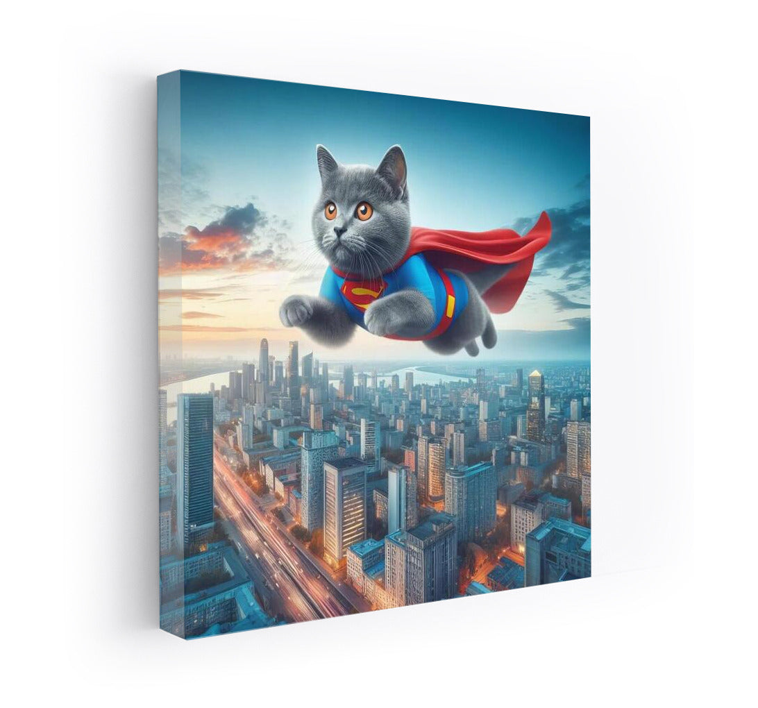 Russian Blue Superhero Cat: Flight over the City