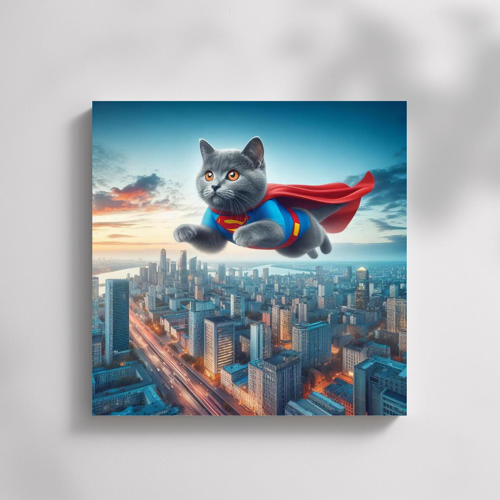 Russian Blue Superhero Cat: Flight over the City