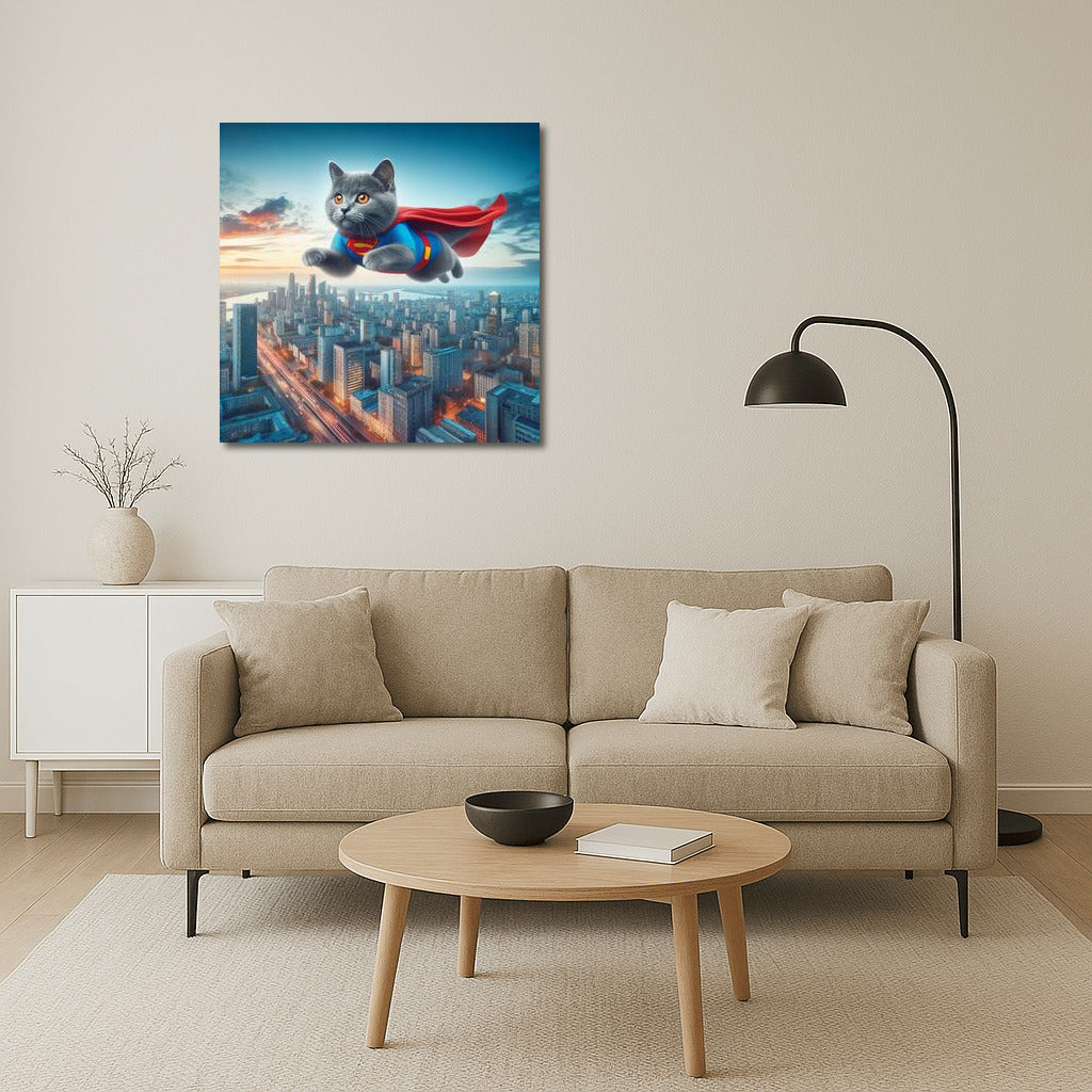 Russian Blue Superhero Cat: Flight over the City