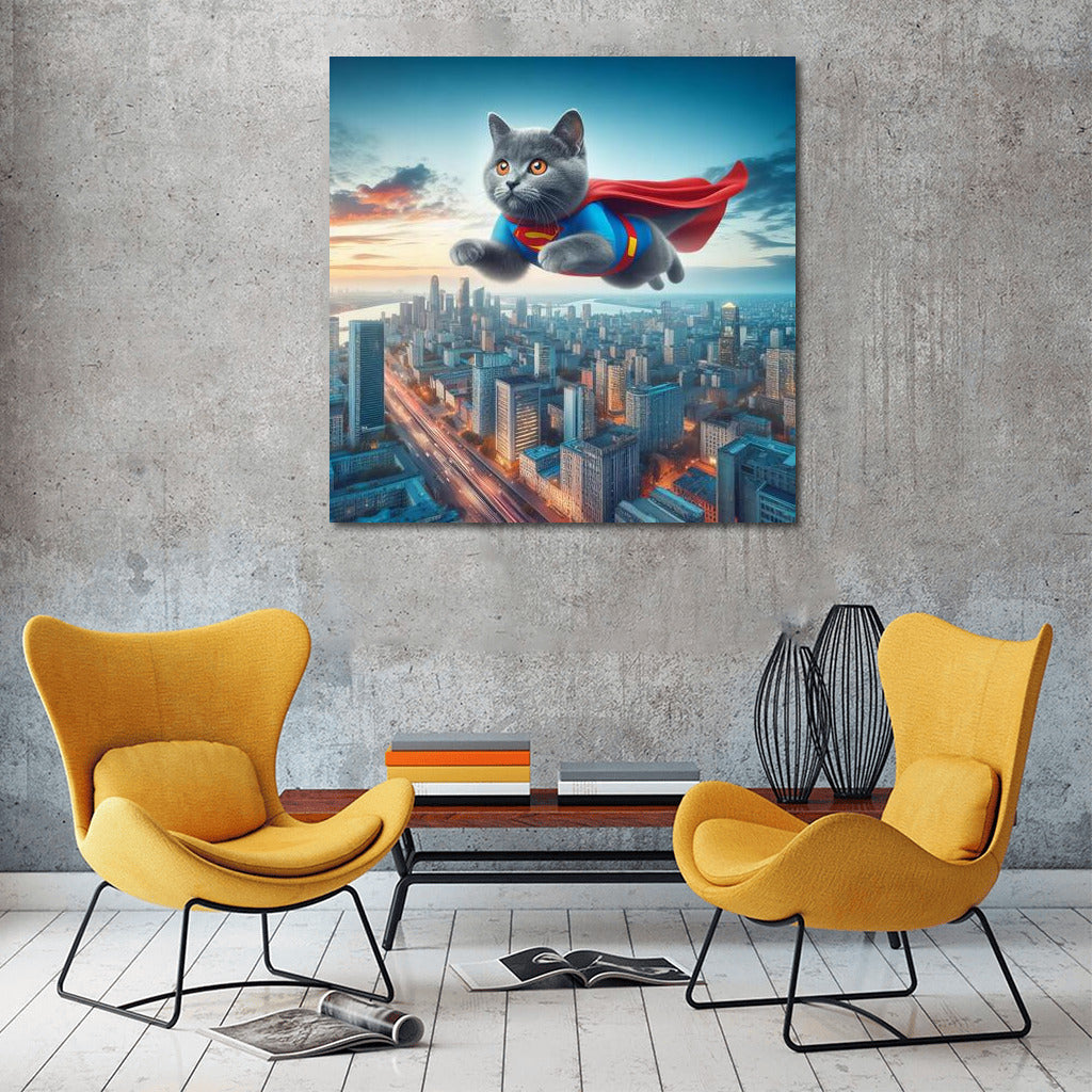 Russian Blue Superhero Cat: Flight over the City