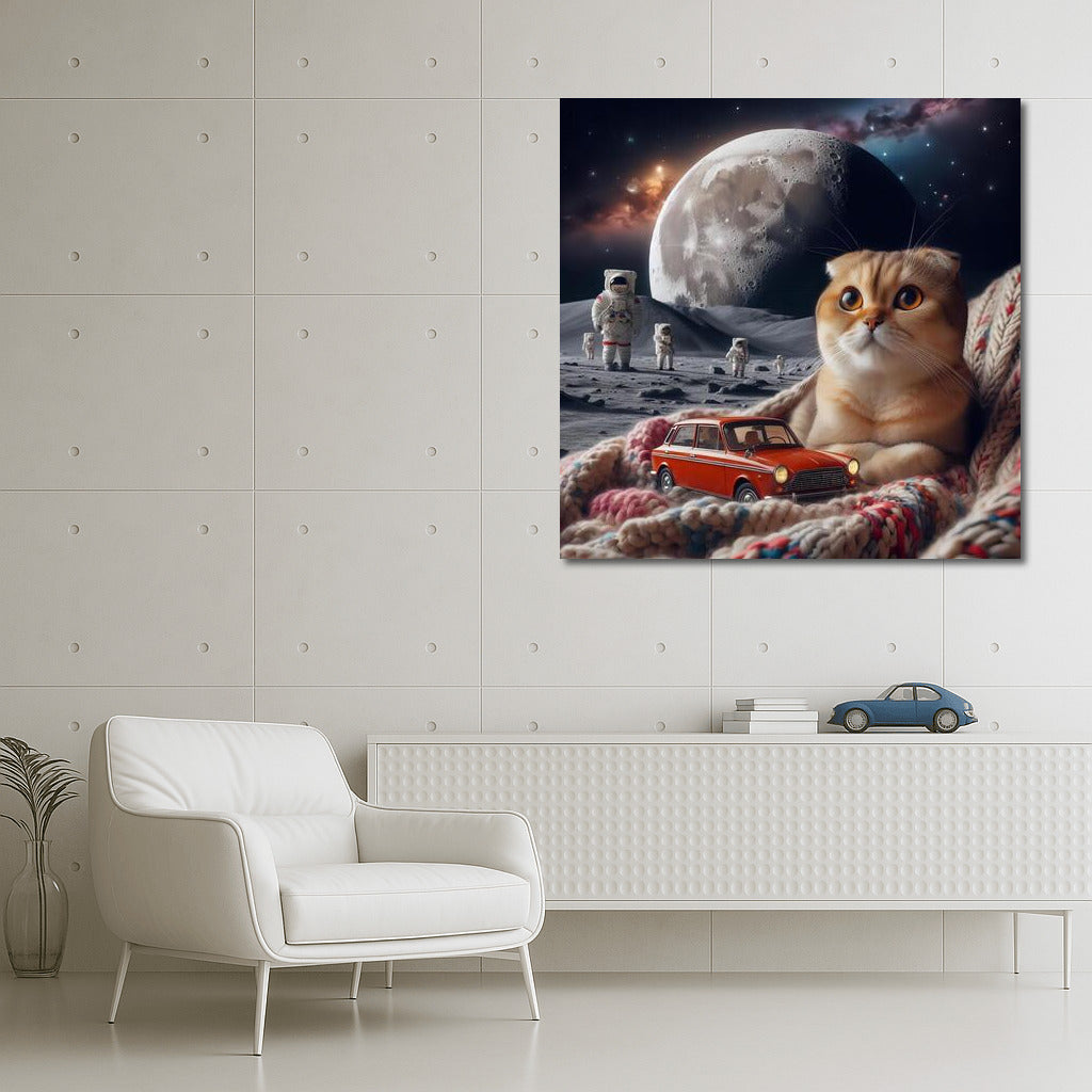 Scottish Fold Cat on a Moon Landscape in Space