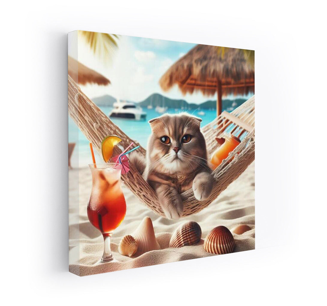 Scottish Fold in Paradise: Cat in a Hammock on the Beach with a Cocktail