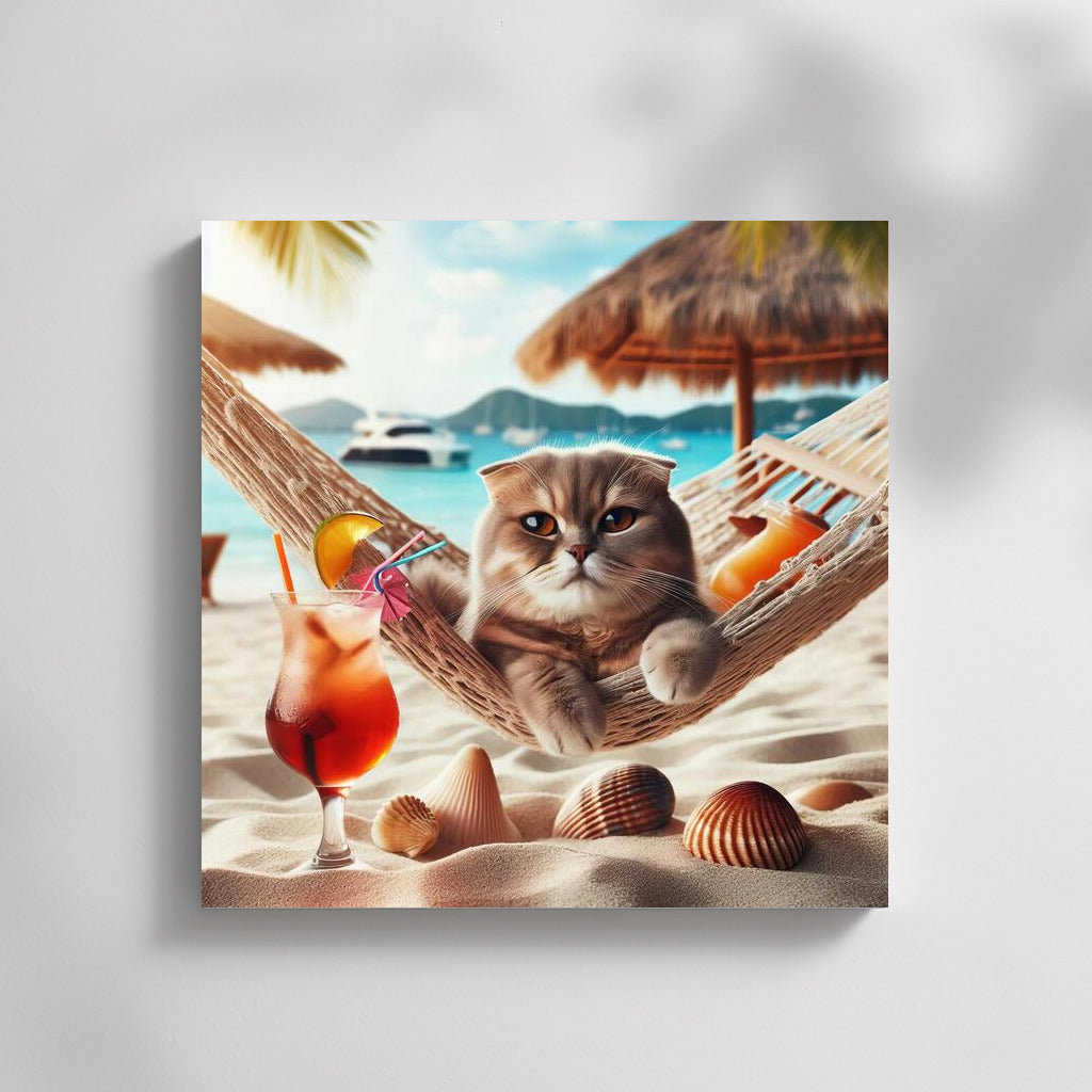 Scottish Fold in Paradise: Cat in a Hammock on the Beach with a Cocktail