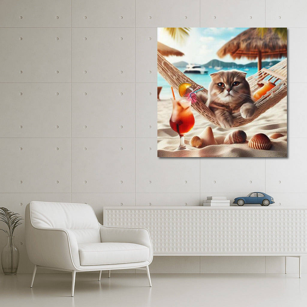 Scottish Fold in Paradise: Cat in a Hammock on the Beach with a Cocktail