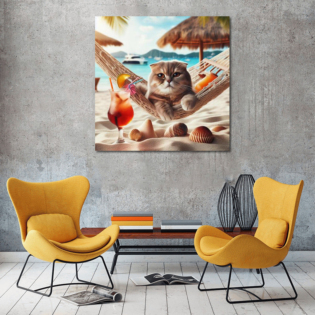 Scottish Fold in Paradise: Cat in a Hammock on the Beach with a Cocktail