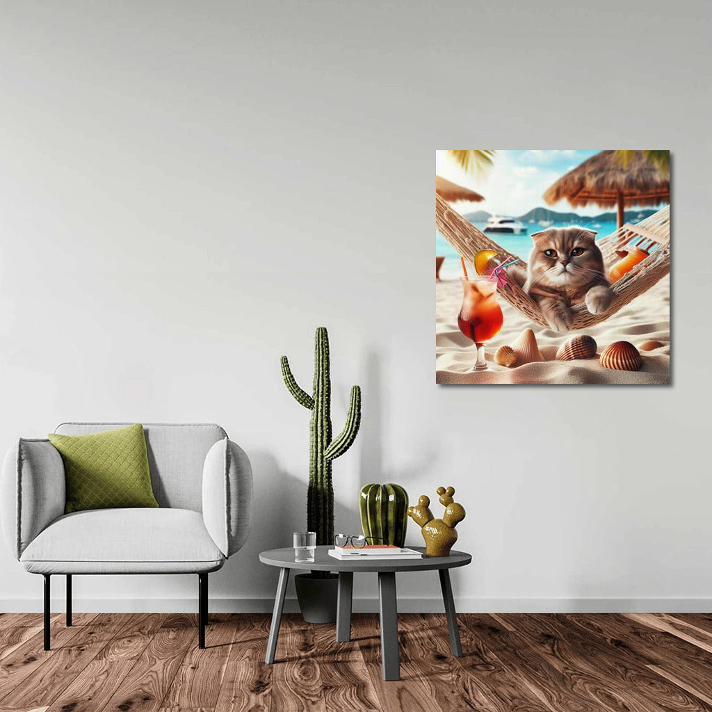 Scottish Fold in Paradise: Cat in a Hammock on the Beach with a Cocktail