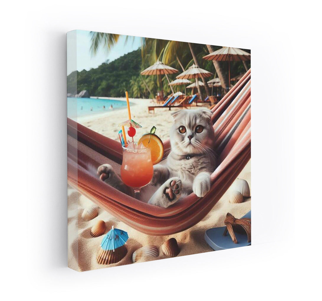 Scottish Fold Cat in a Hammock on the Beach with a Cocktail: Summer Vacation
