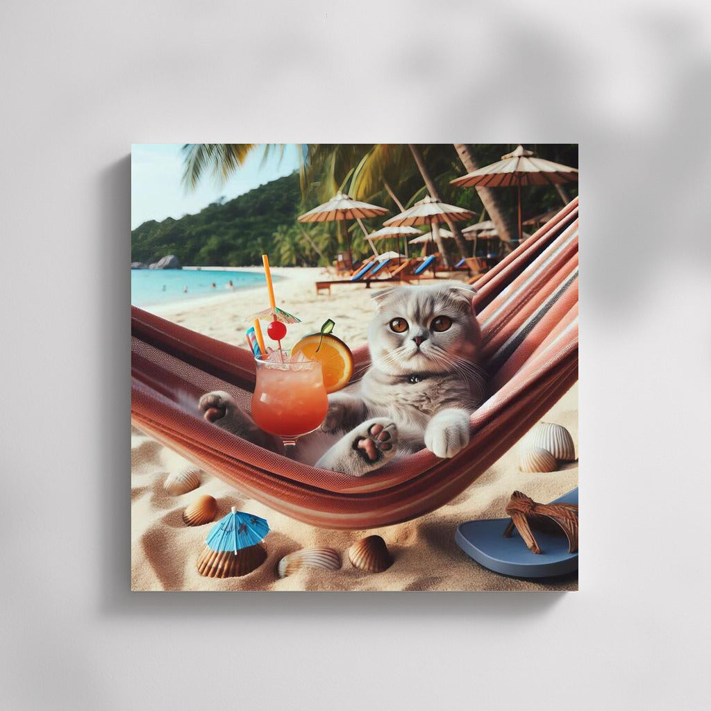 Scottish Fold Cat in a Hammock on the Beach with a Cocktail: Summer Vacation