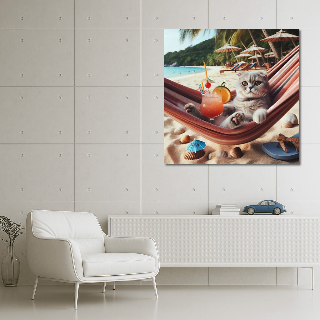 Scottish Fold Cat in a Hammock on the Beach with a Cocktail: Summer Vacation