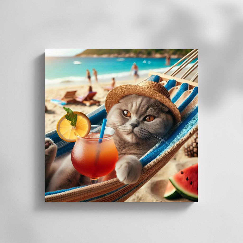 Scottish Fold on the Beach: Cat in a Hammock with a Cocktail