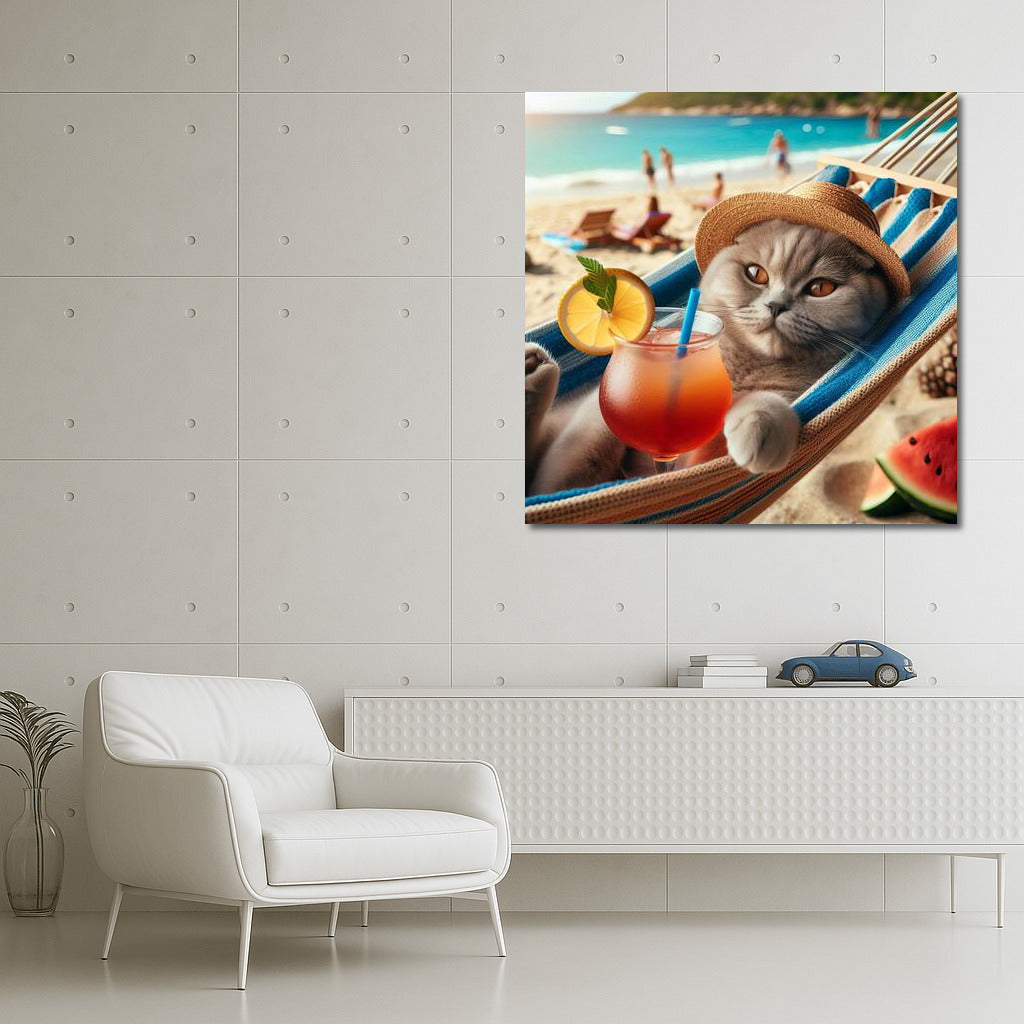 Scottish Fold on the Beach: Cat in a Hammock with a Cocktail