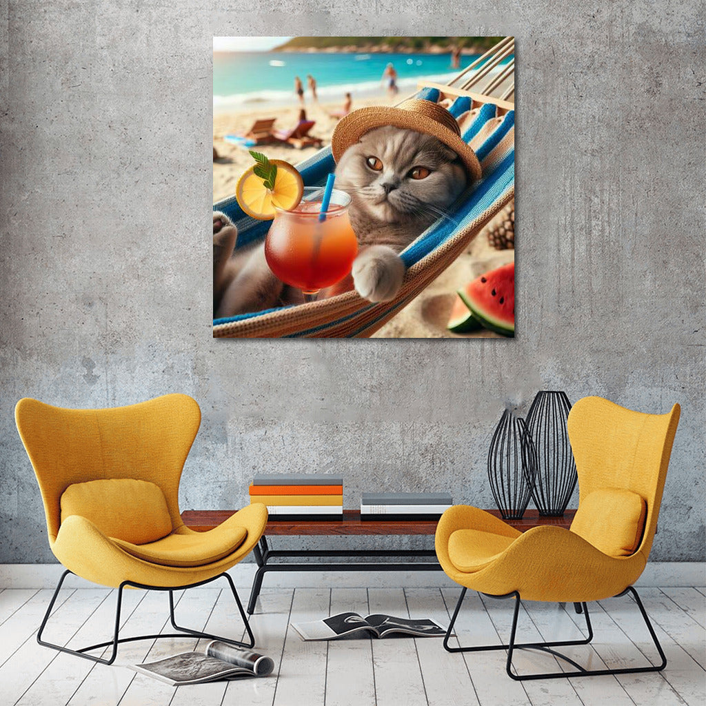 Scottish Fold on the Beach: Cat in a Hammock with a Cocktail