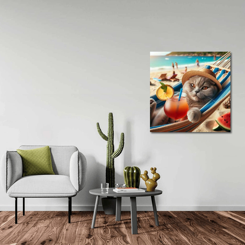 Scottish Fold on the Beach: Cat in a Hammock with a Cocktail
