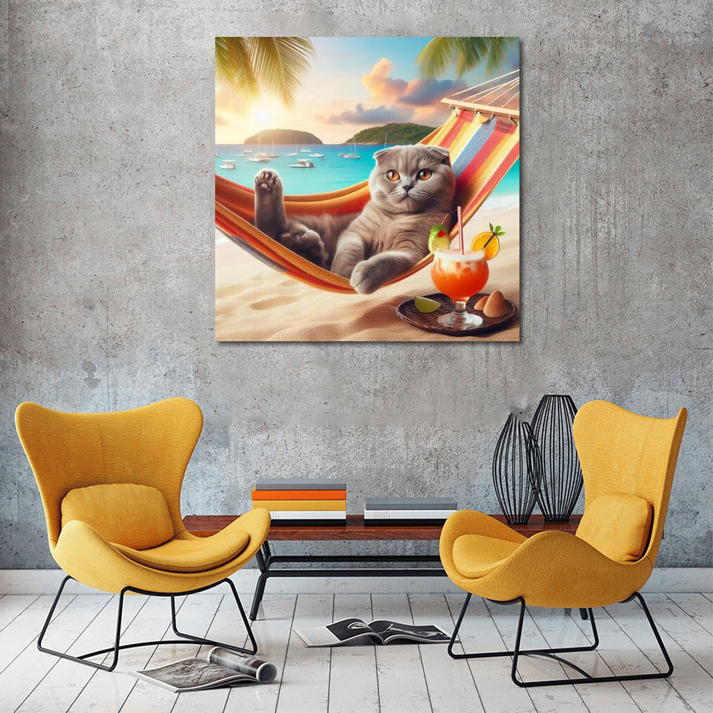 Scottish Fold on Beach Vacation with Cocktail