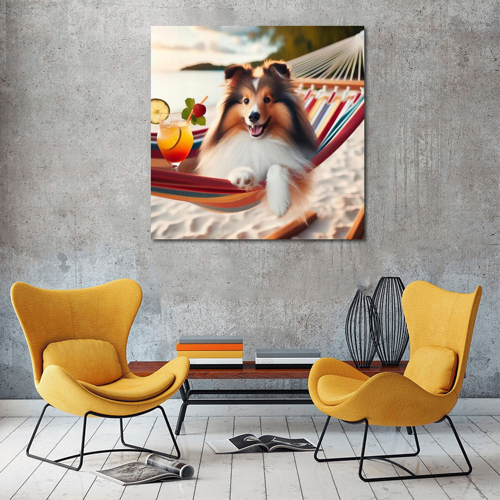 Sheltie in Paradise: Relaxing in a Hammock with a Cocktail on the Beach