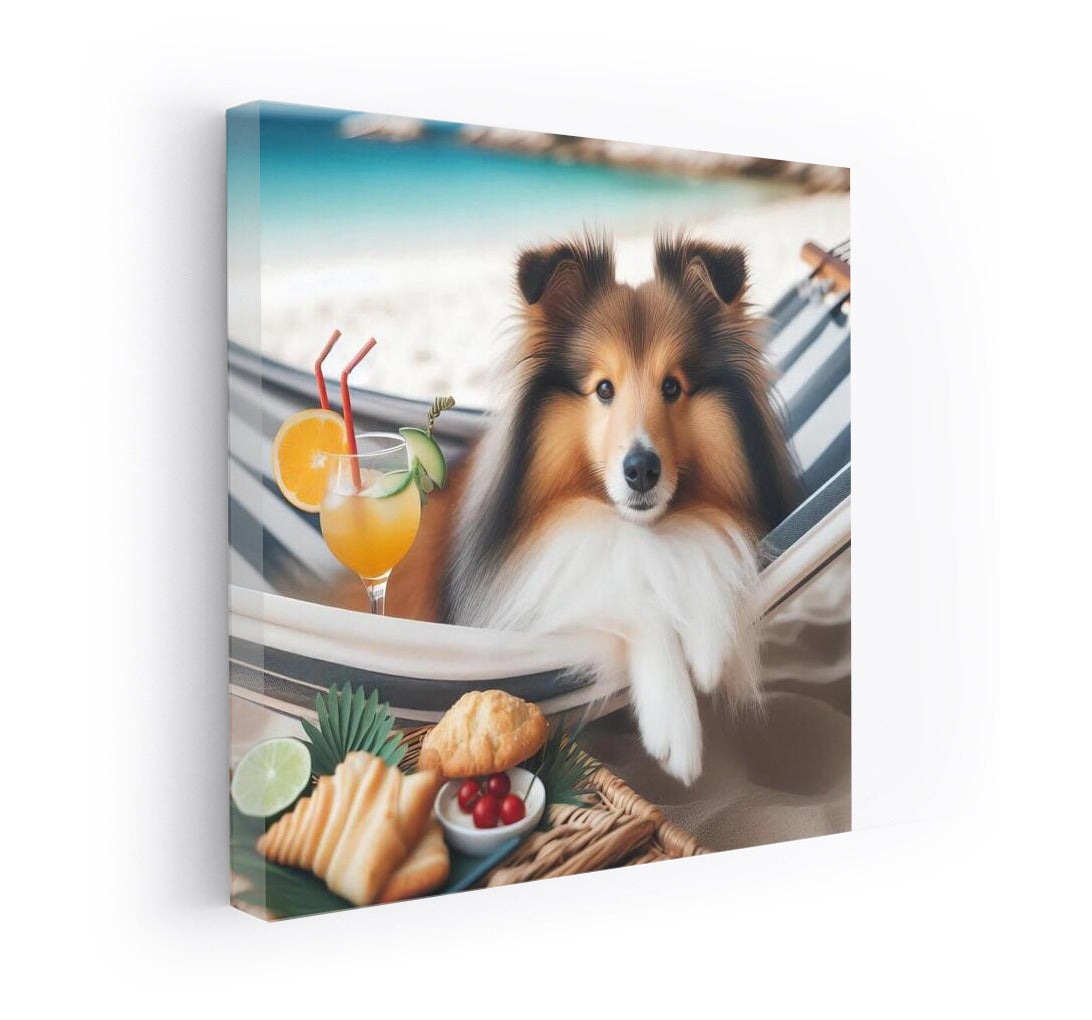 Sheltie in a Hammock: Beach Relaxation with a Cocktail