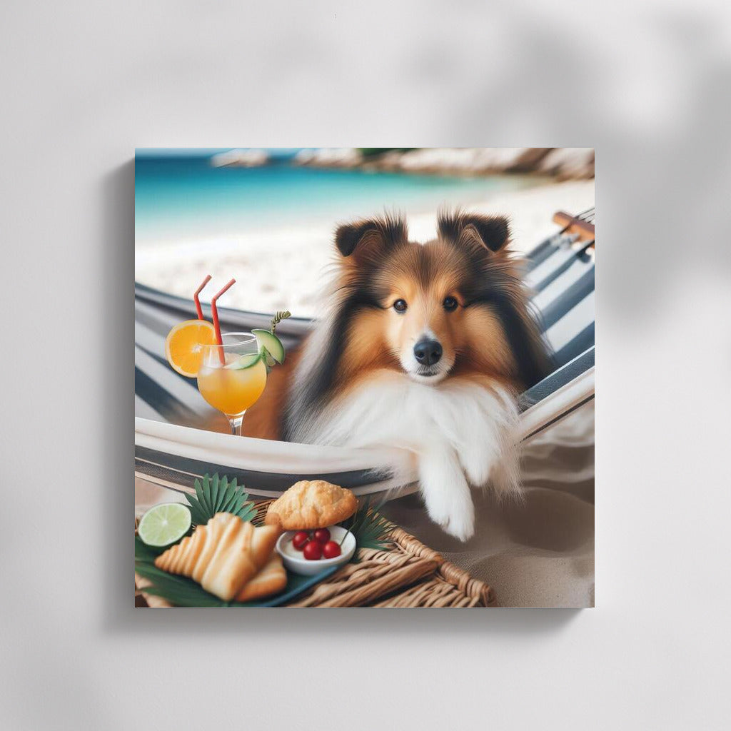 Sheltie in a Hammock: Beach Relaxation with a Cocktail