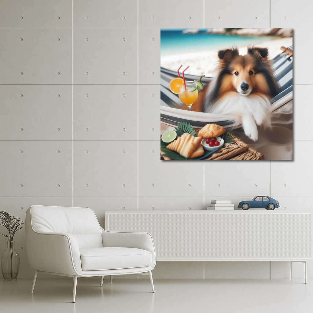 Sheltie in a Hammock: Beach Relaxation with a Cocktail
