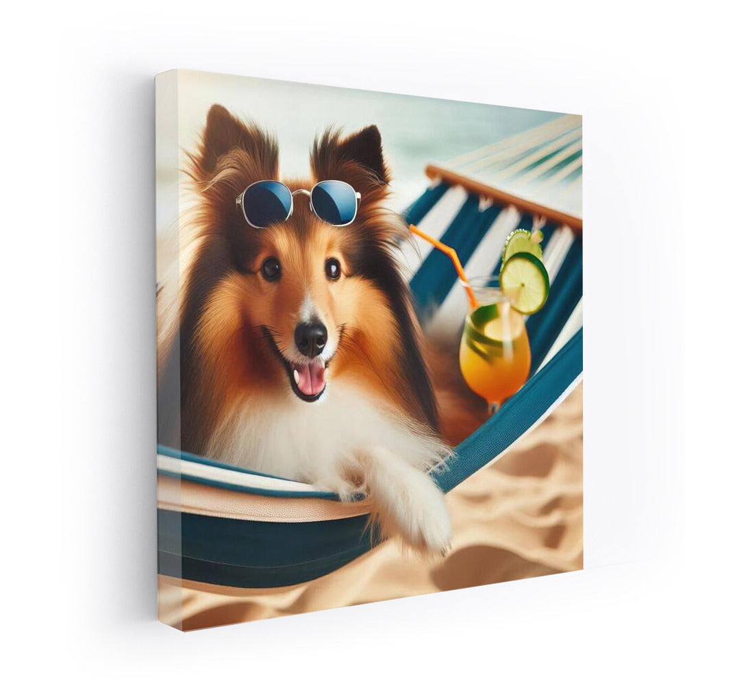 Sheltie in a Hammock: Beach Relaxation with a Cocktail