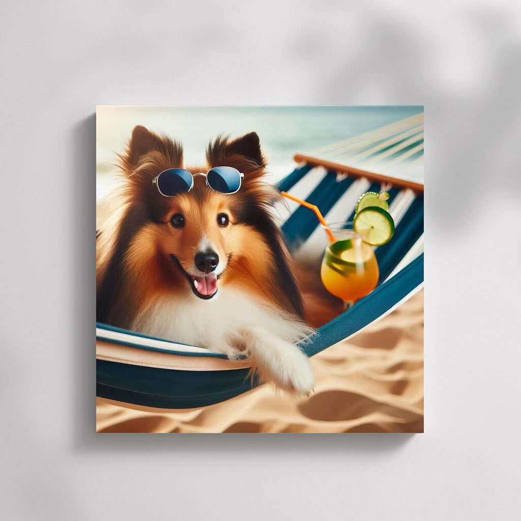 Sheltie in a Hammock: Beach Relaxation with a Cocktail